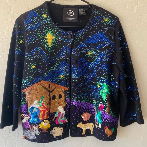 VTG Michael Simon Christmas Cardigan with Sequins matching tank top 2 piece set